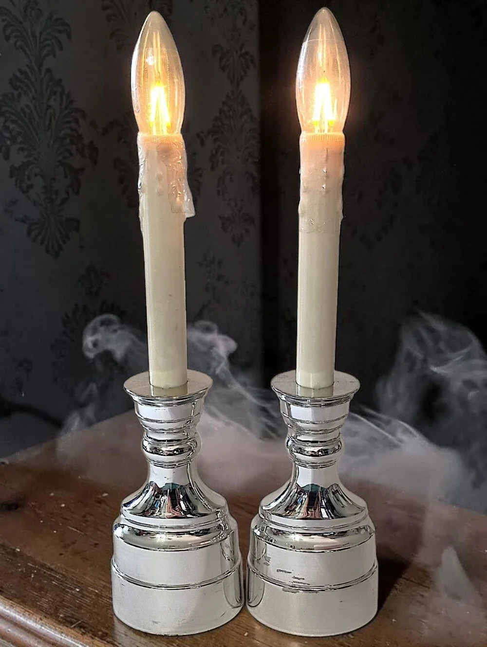 2 Vintage Bethlehem Lights Candles Battery Operated Taper Timer Silver Tone